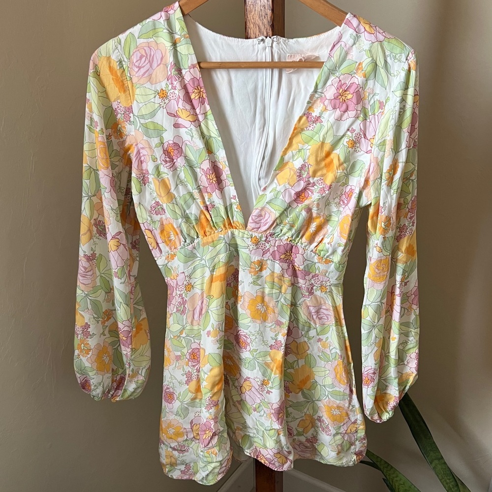 Showpo Negroni Dress in Linear Floral Long Sleeve US 4